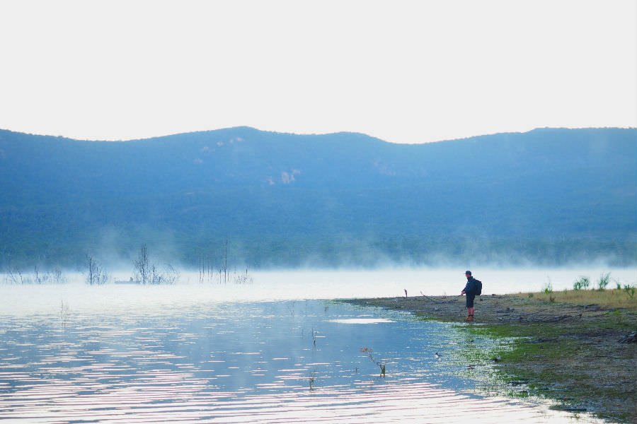 Trout fishing from the shores of Lake Bellfield on a misty morning.
